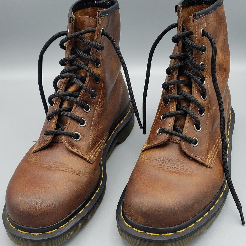 Dr. Martens Brown Leather Lace-Up Boots with Yellow Stitching